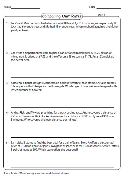 unit rate word problems worksheet with answers pdf grade 7
